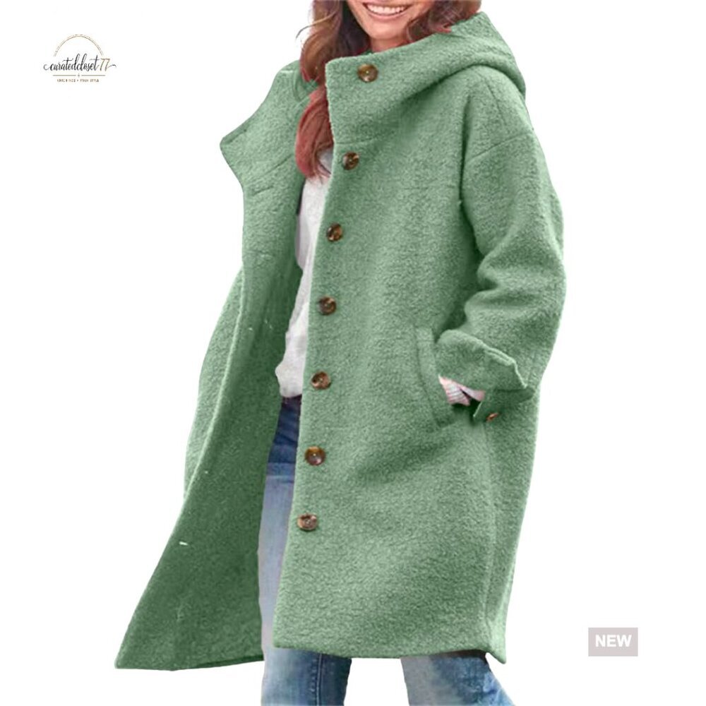 Women's Wool Blend Pea Coat with Hood, Loose Fit, Knee Length Trench